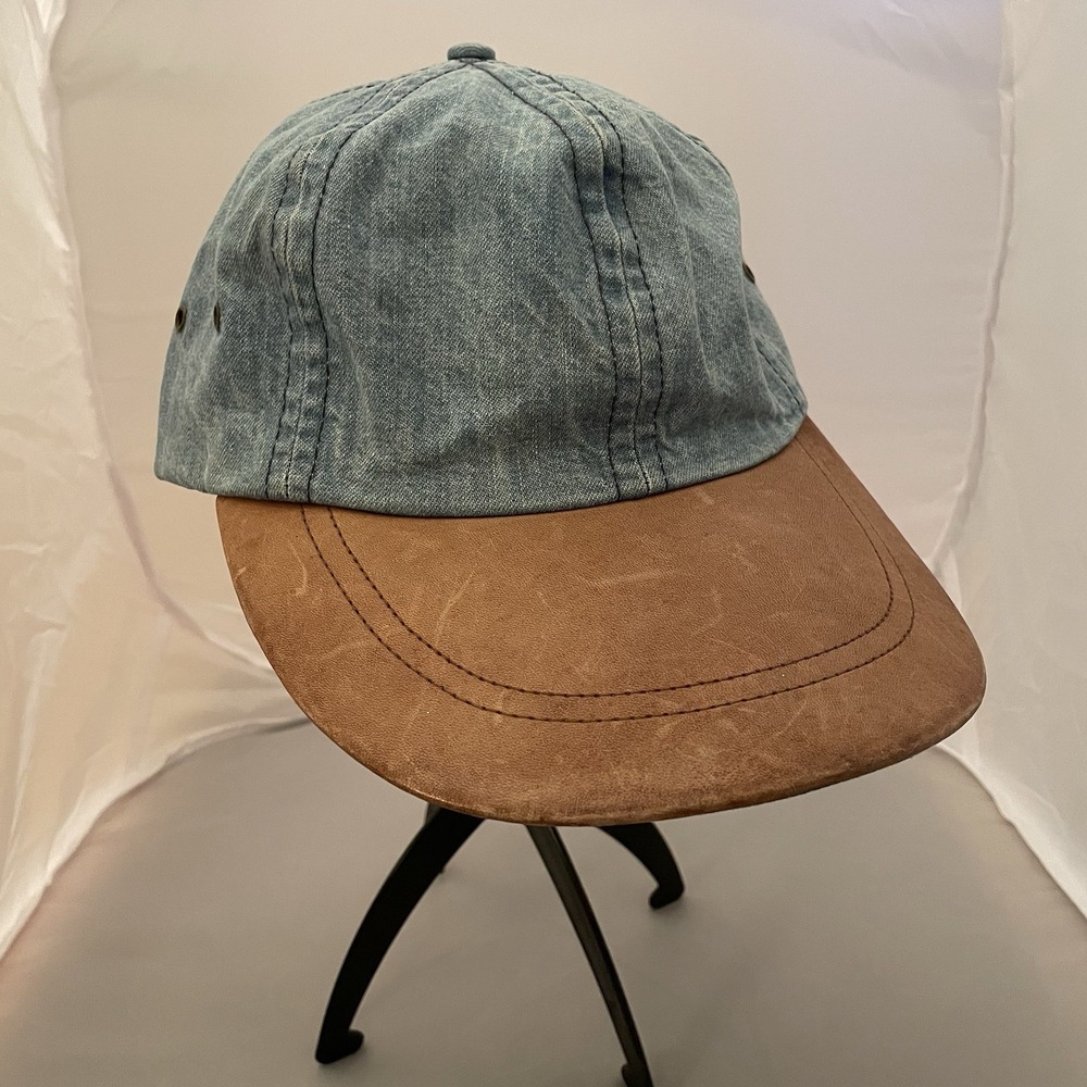 Vintage Abercrombie & Fitch Hat , Made In USA Denim Hat Wide Large Leather Brim